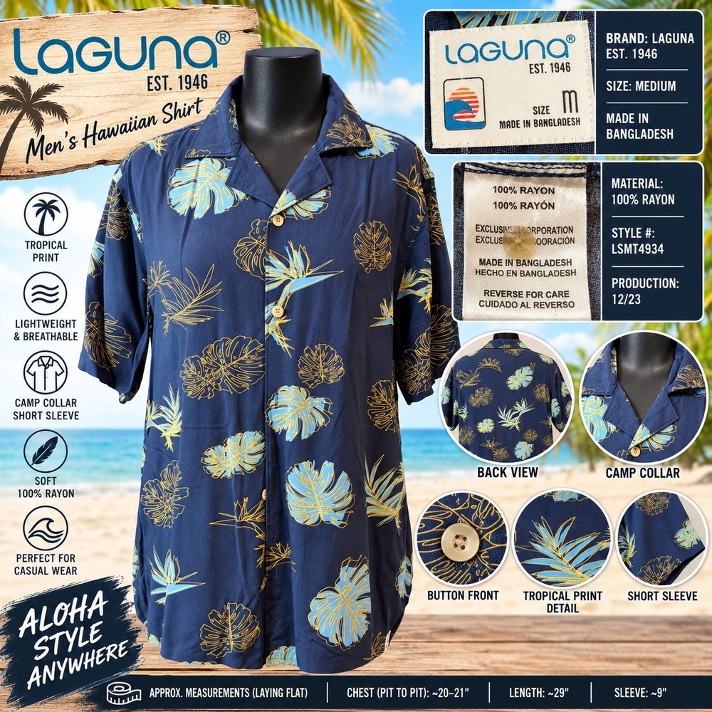 Laguna Mens Hawaiian Shirt Medium Navy Blue Tropical Rayon Camp Collar LSMT4934